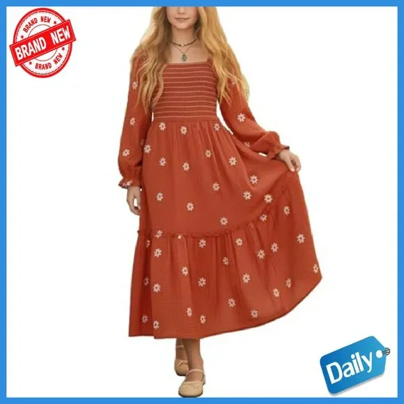 Girls Maxi Dress Boho Floral Long Sleeves Smocked Square Neck 5-14Y - Picture 2 of 7
